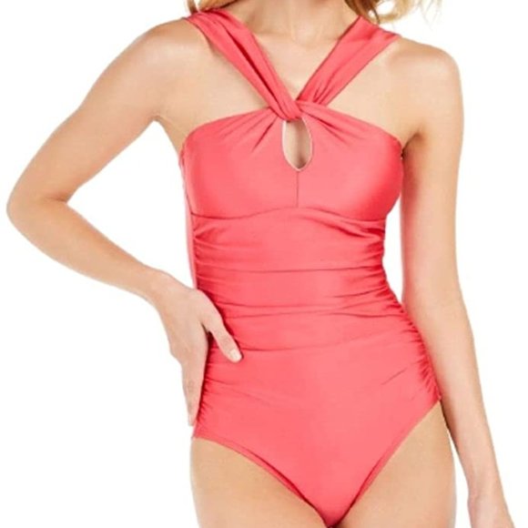 Calvin Klein One-Piece Pink Keyhole Shimmer Swimsuit NEW Size 4 - Picture 1 of 3